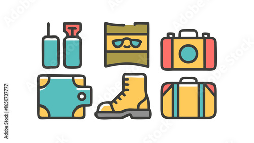 An organized collection of essential travel accessories and adventure gear icons for vacation planning and outdoor exploration