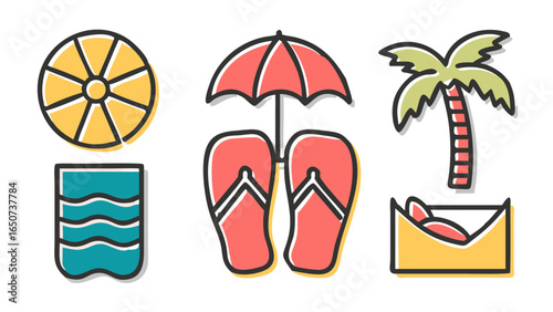 A vibrant and diverse collection of colorful vector icons representing summer beach vacations, tropical travel, and sunny holiday experiences.