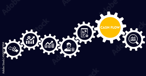 Illustration of cash flow displaying its key steps: money, income, profit, economy, analysis, business, value content icons and text