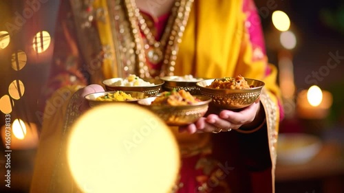 Festive Indian Dessert Offering, Woman in Traditional Attire