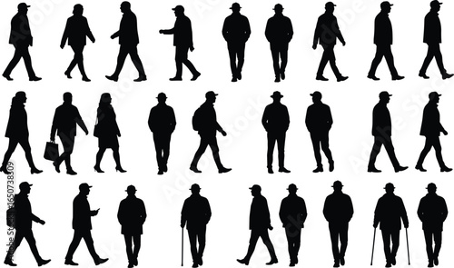 Silhouettes of people walking, diverse ages and styles, casual and formal, with hats, canes, briefcases, different poses, urban pedestrian silhouettes, lifestyle, movement, city walking concept
