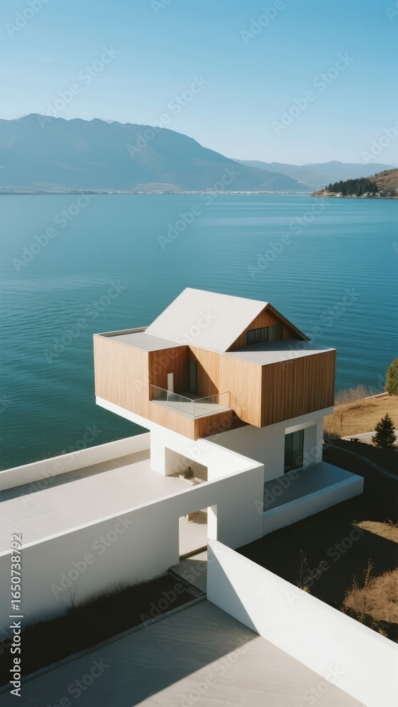 Obraz premium Modern House Overlooking a Serene Lake with Distant Mountains