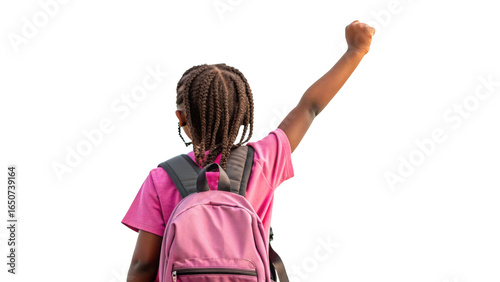 A young girl with braids raising her fist in solidarity carrying a pink backpack against a dark