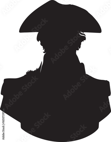 A black silhouette  of 1800 man's fashion america wearing a tricorn hat, reminiscent of a historical figure like a captain or admiral, viewed from the back.