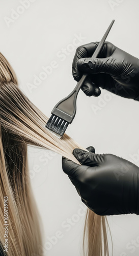 Close up of a hairdresser applying hair dye to blonde hair with a brush