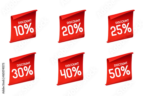 Red promotional discount labels with percentage offers for online and retail sales