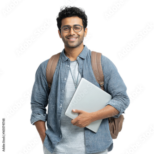 Man wearing glasses and a blue shirt is holding a laptop in his hand