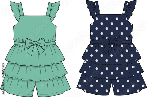 Cute tiered ruffle layered baby girl romper with bow detail and flutter sleeves cad drawing flat vector illustration