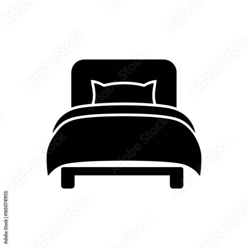 Black bed icon on white background featuring a pillow and a duvet