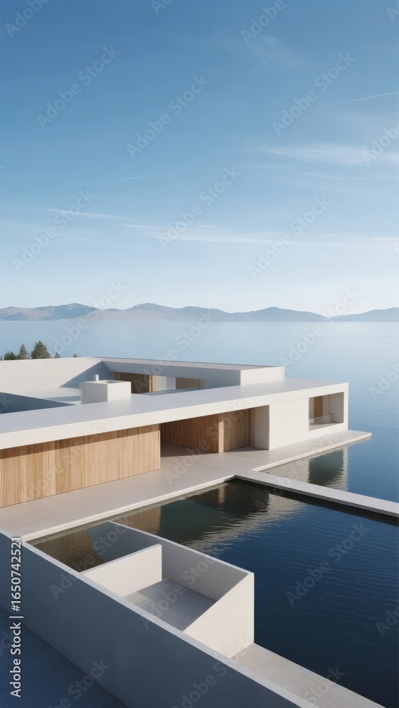 Fototapeta premium Modern minimalist house with a reflecting pool overlooking the sea