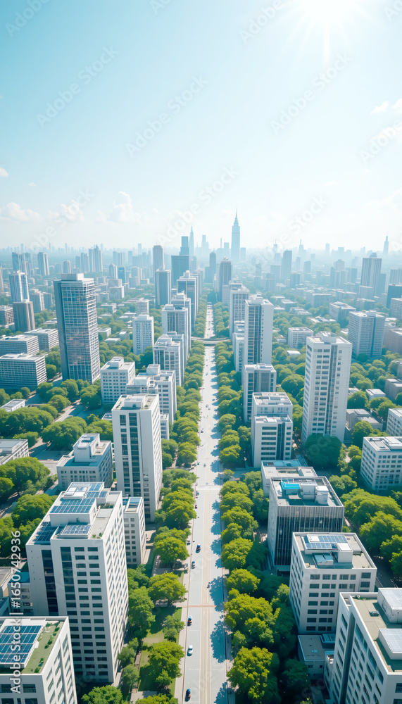 Obraz premium Aerial View Green City with Solar Rooftops Vertical 9:16 Eco Skyline