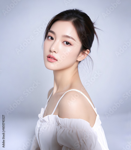 A beautiful Asian woman with a gentle smile and natural makeup, suitable for beauty salon, skincare product, and cosmetic surgery clinic posters.  