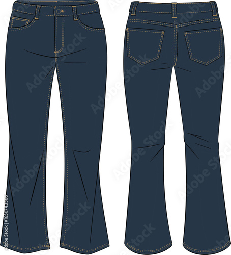 Dark blue denim jeans technical flat sketch, front and back view, contrast stitching, fashion design template, vector apparel illustration