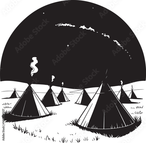 Nighttime Native American village with teepees under starry sky