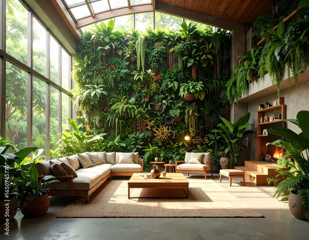 A stunning biophilic living room with a large vertical garden wall and natural light. A concept of sustainable interior design. A stunning biophilic living room with a large vertical garden wall and natural light. A concept of sustainable interior design.