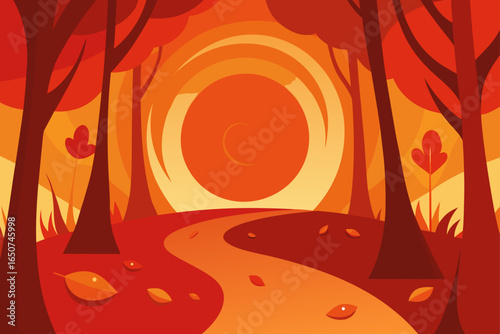 Autumn Forest Room with Swirling Red Orange and Yellow