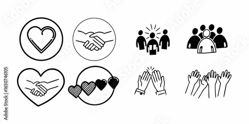 Collection of six black and white illustrations depicting teamwork collaboration and positive relationships symbols on transparent background