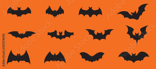 Black Bat Silhouettes Set – Halloween Party Flying Bat Vector . Creepy Halloween Night Flying Bat Icons 