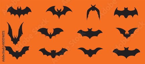 Black Bat Silhouettes Set – Halloween Party Flying Bat Vector . Creepy Halloween Night Flying Bat Icons 