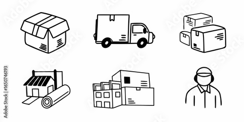 Illustration showing various moving and delivery related icons including boxes truck and a delivery person on transparent background