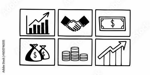 Six square frames showcasing financial growth, handshake, money, bags, coins, and upward trend line on transparent background