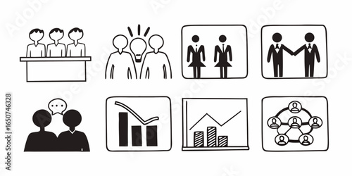 Doodle style business and team icons representing meeting idea gender equality and teamwork concept on transparent background