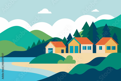 Beachfront Homes and Forested Hills by a Lagoon
