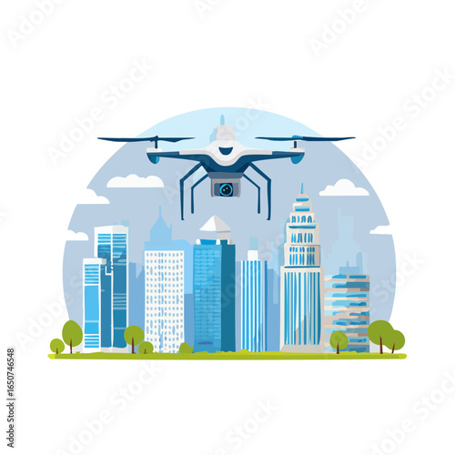 Modern flat vector illustration style of a drone flying over a city centre