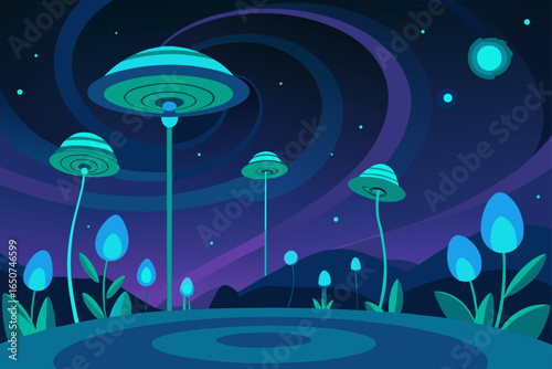 Bioluminescent Flower Garden Under a Swirling Aurora