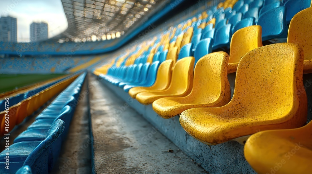 Obraz premium Abstract view of stadium seating in vivid blue and yellow hues pattern