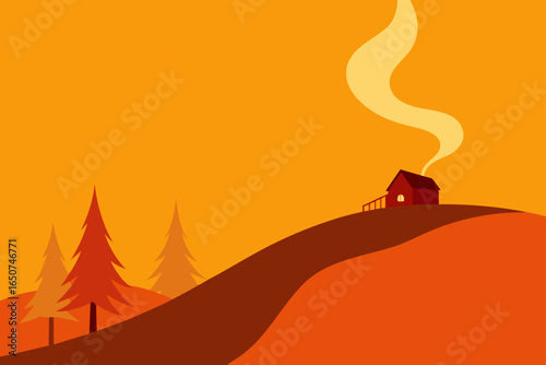 Blazing Autumn Hillside with Cabin and Smoke Trail