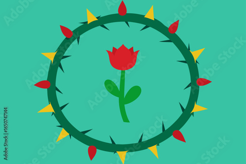 Blooming Crown of Thorns Amidst Cactus and Vines