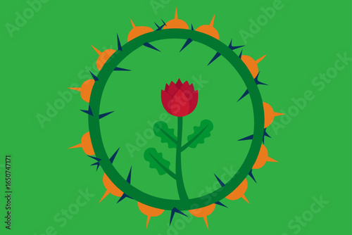 Blooming Crown of Thorns Amidst Cactus and Vines