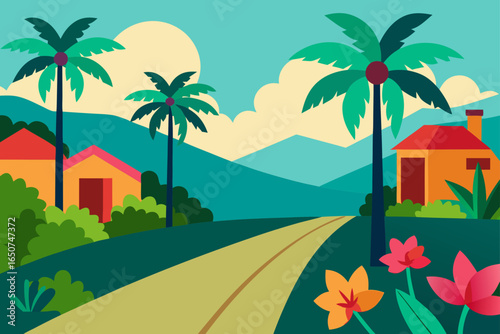 Blooming Roadside Garden Outside Tropical Village
