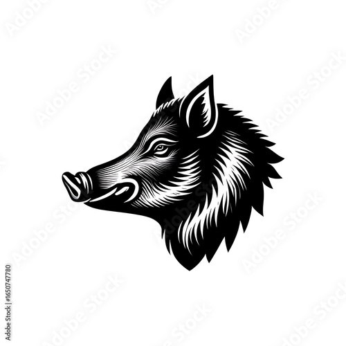 Illustrative Head of a Wild Boar Rendered in a Vintage Woodcut Style