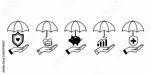 Five hands holding different symbols under umbrellas representing financial protection concept art on transparent background