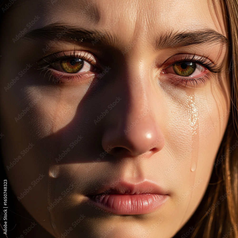 Fototapeta premium Close-up of young woman showing intense sadness with tears on cheeks