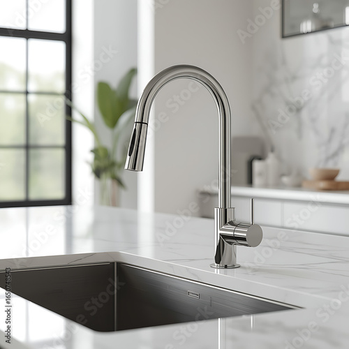A modern kitchen faucet, mounted on a white marble countertop, features a large undermount sink in a bright, contemporary setting.
