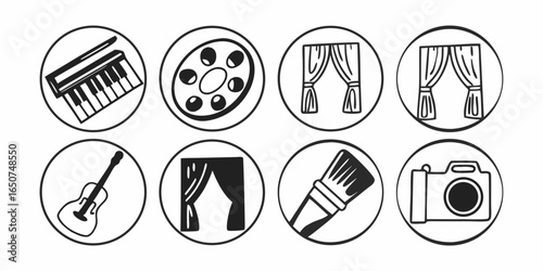 Collection of artistic instruments in circular frames including keyboard palette curtains guitar and camera on transparent background