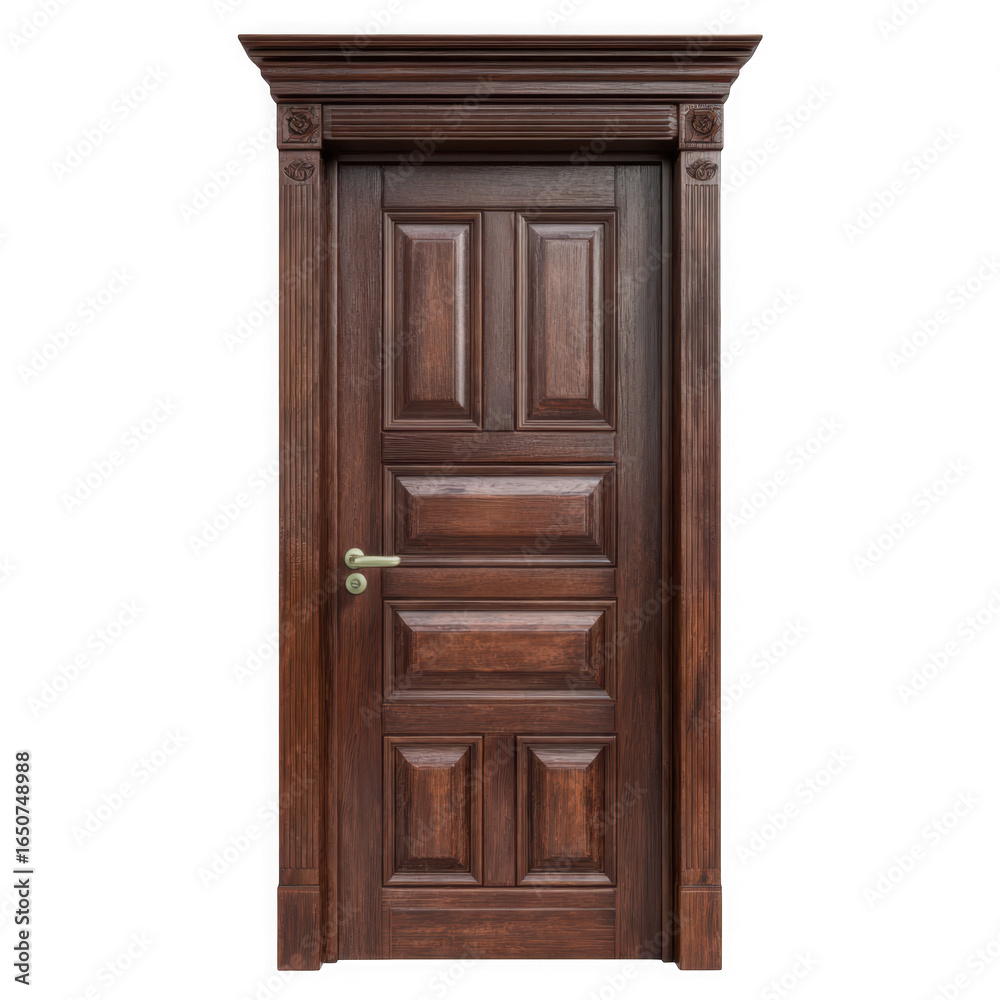 Ornate dark wood paneled door with detailed molding isolated on transparent background Ornate dark wood paneled door with detailed molding isolated on transparent background