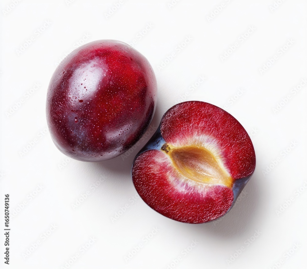 Two vibrant plums, one whole, one halved, on a white background Two vibrant plums, one whole, one halved, on a white background