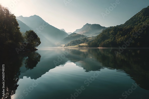 Fototapeta Naklejka Na Ścianę i Meble -  Scenic mountain lake reflecting the surrounding landscape with sunlight and fog creating a tranquil and idyllic atmosphere
