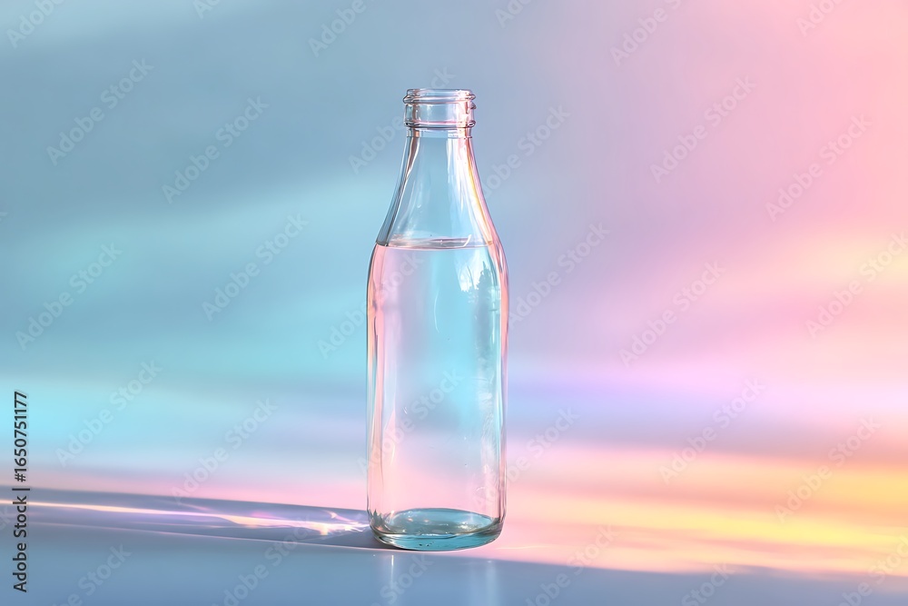 Elegant glass water bottle, a refreshing and transparent container, perfect for showcasing the purity and clarity of a hydrating beverage Elegant glass water bottle, a refreshing and transparent container, perfect for showcasing the purity and clarity of a hydrating beverage