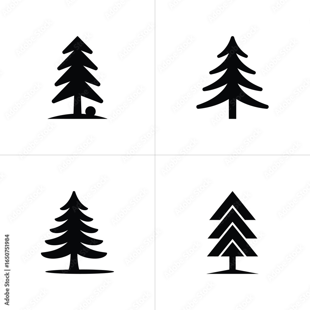 Fototapeta premium Four Black and White Tree Icons Representing Pine, Spruce and Fir Trees on Grid