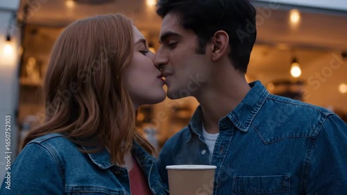 kiss and romance - A romantic moment between a couple enjoying coffee at a cozy outdoor café, with warm lights glowing in the background, creating an intimate atmosphere