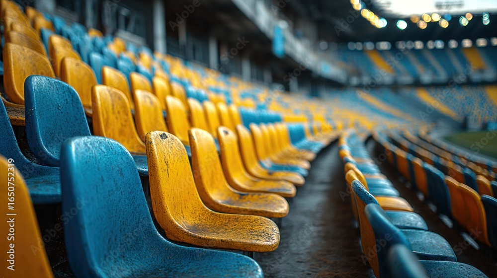 Fototapeta premium Blue and Yellow Seats in a Large Stadium Ready for a Big Sporting Event