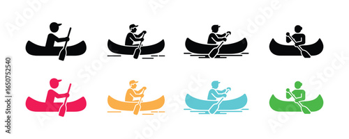 Icons Depicting Person Canoeing in Black, Pink, Orange, Cyan, and Green on White