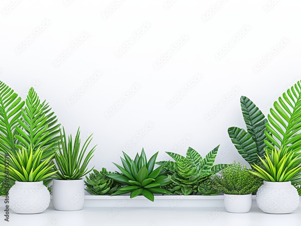 Fototapeta premium Lush Greenery on White Shelf Against White Wall