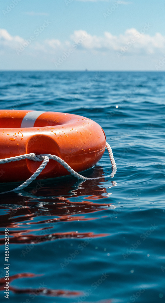 Fototapeta premium Close-up of an orange-and-white lifebuoy floating on a sunlit, slightly wavy open ocean with blurred background. 