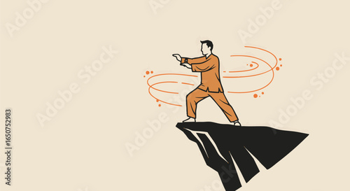 Man practicing Tai Chi on a cliff edge, representing balance, serenity, and strength
